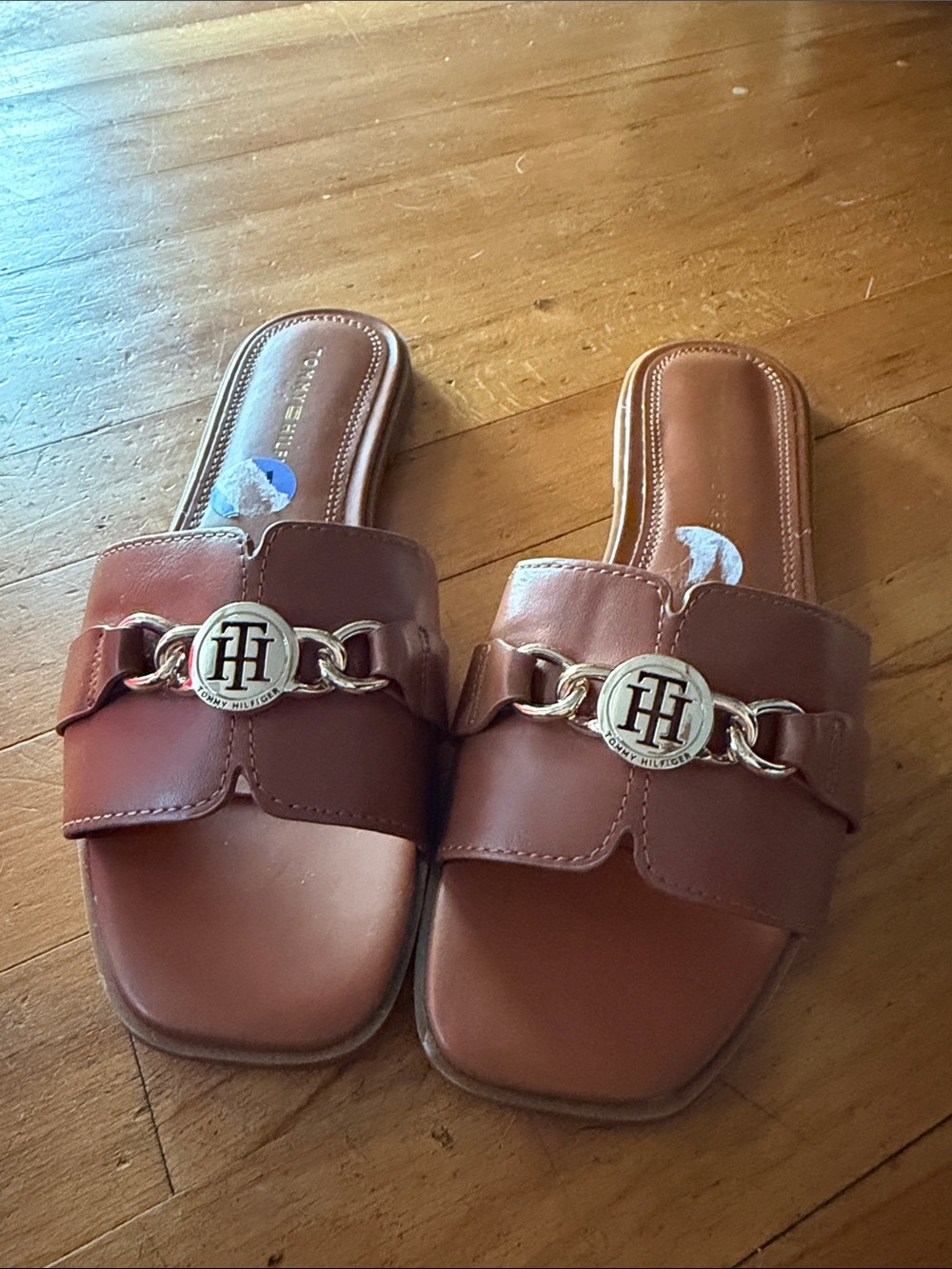 Tommy Hilfiger Brown Leather-Look Slide Sandals with Gold Chain Logo